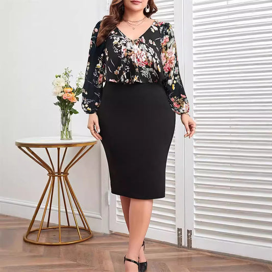 【50% OFF】【XL-5XL】👗Rochie imprimată cu mâneci lungi, care îmbrățișează șoldul