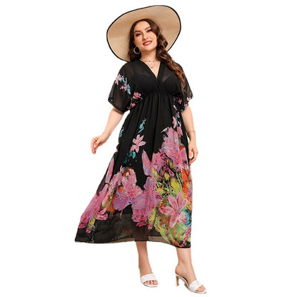 【50% OFF】【M-4XL】「Rose of the Night」Rochie de marime mare cu imprimeu din sifon negru 2024