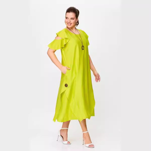 【50% OFF】【S-5XL】rochie de culoare uni cu maneci cu volane