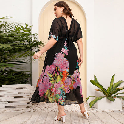 【50% OFF】【M-4XL】「Rose of the Night」Rochie de marime mare cu imprimeu din sifon negru 2024