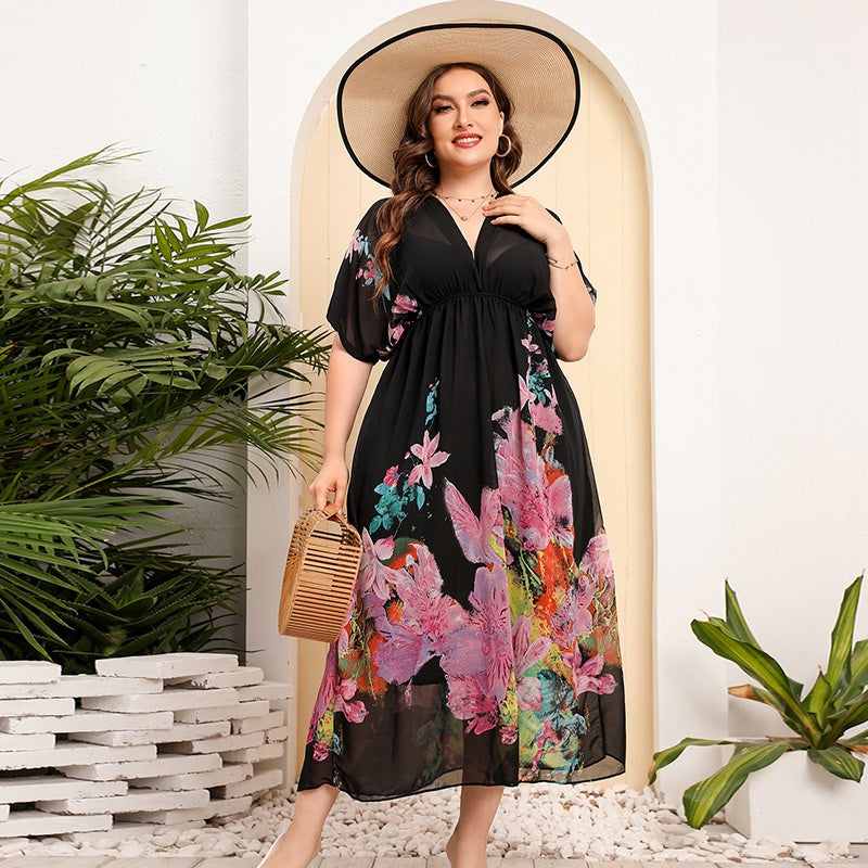 【50% OFF】【M-4XL】「Rose of the Night」Rochie de marime mare cu imprimeu din sifon negru 2024